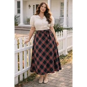 Red Black Classic TradWife Tartan Vintage 1970s 80s Plaid Belt 17/18 Midi Skirt